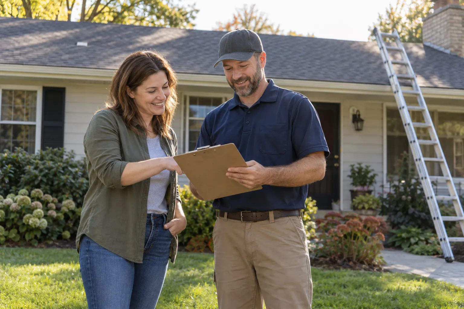 A homeowner talking with a roofing provider in the North Bay area
