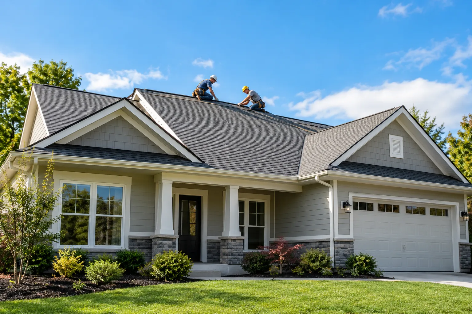 A tidy suburban house in North Bay with a freshly installed roof under a clear sky