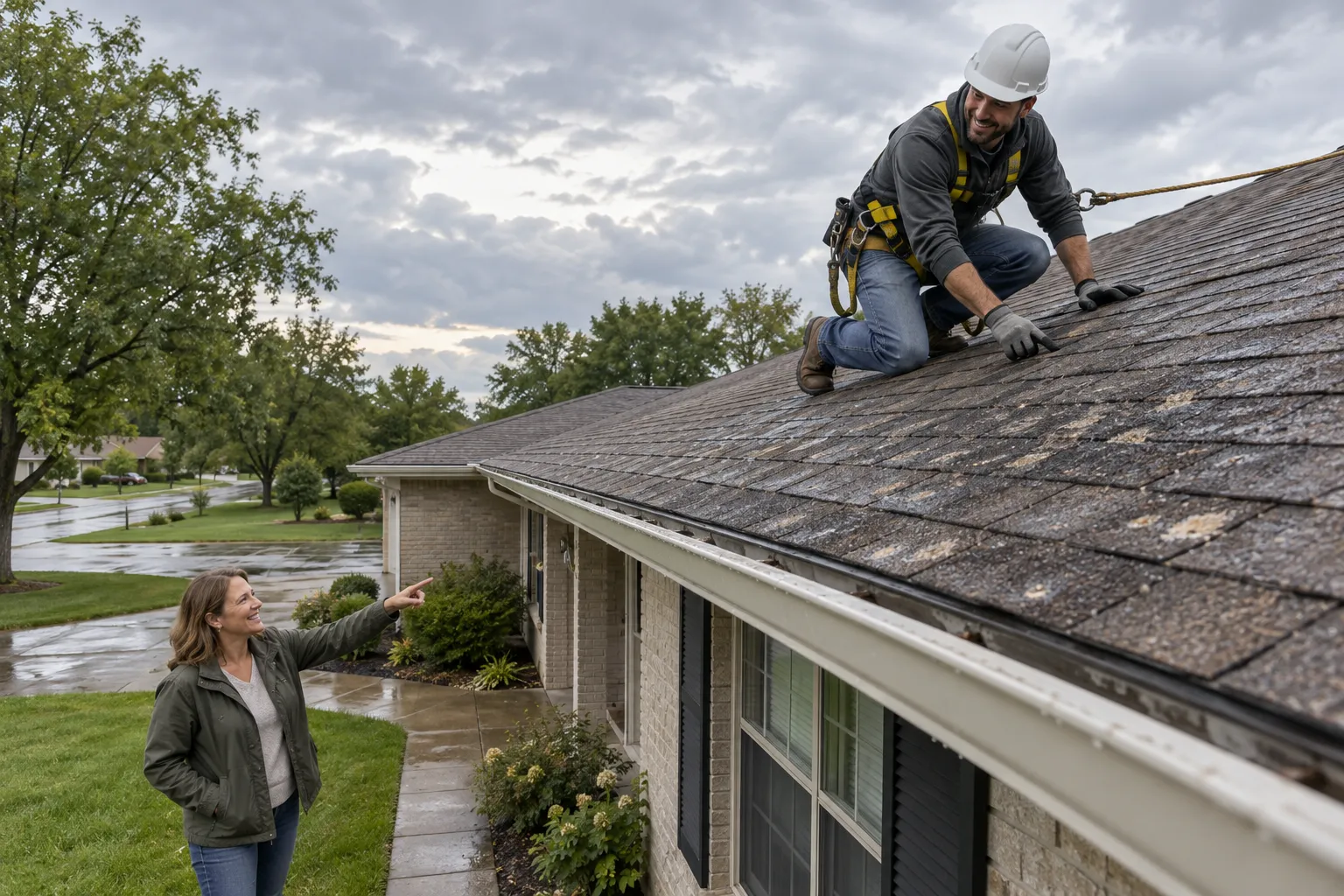 A local roofing provider inspecting storm-damaged shingles on a home in the North Bay area