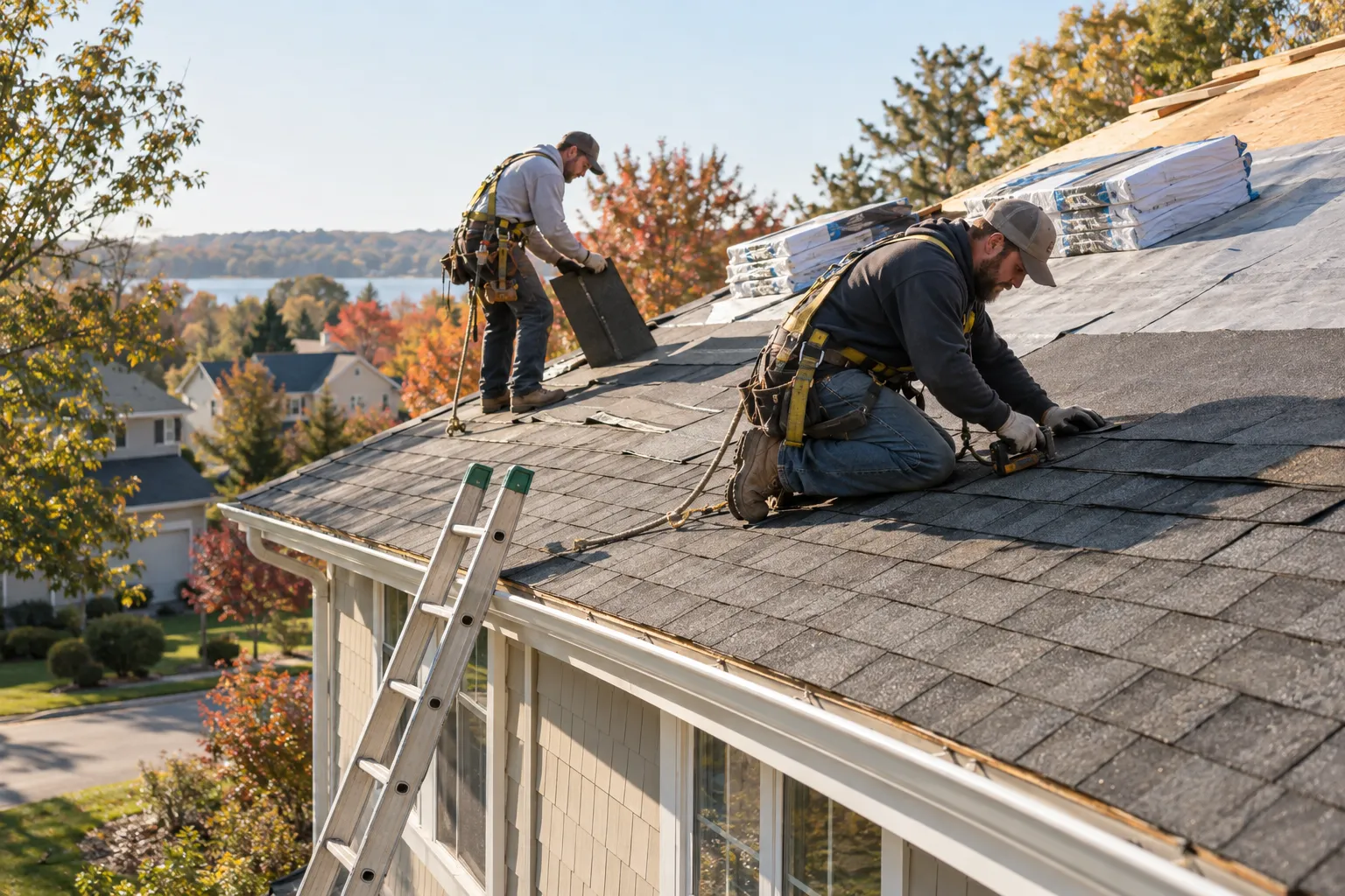 A local provider's crew installing new shingles on a house roof in North Bay